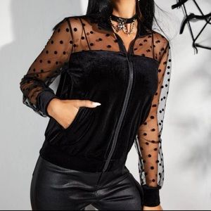 Zip up top with sheer polka dot sleeves